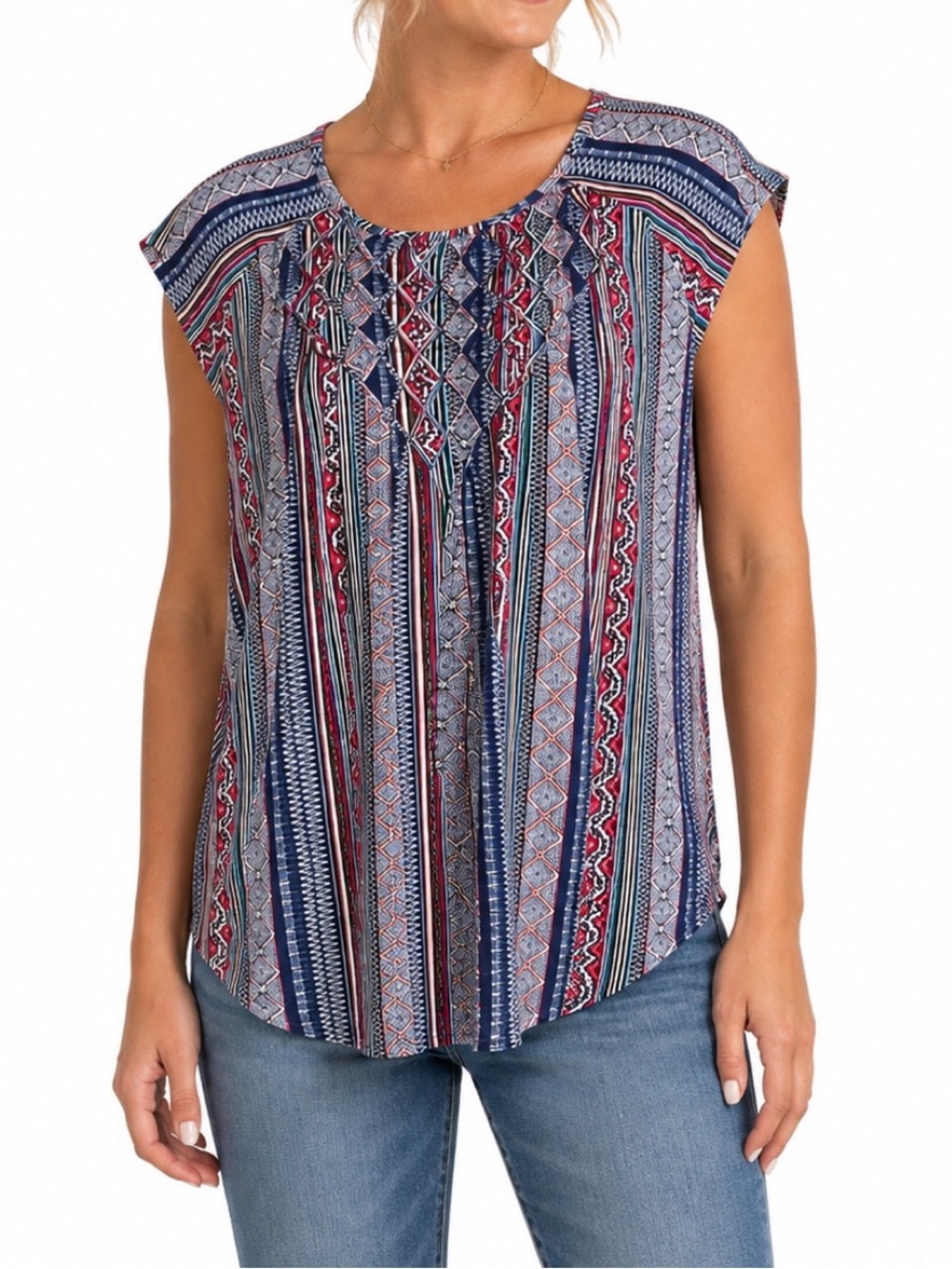 Premise multicolor top features a smocked, gathered front bodice